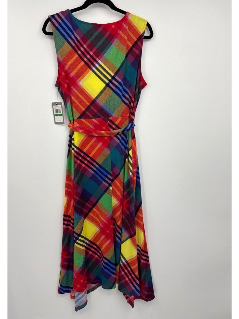 Chaus Stretch Plaid Asymmetrical Belted Midi Sleeveless Dress Red Size Large NEW - Picture 8 of 8